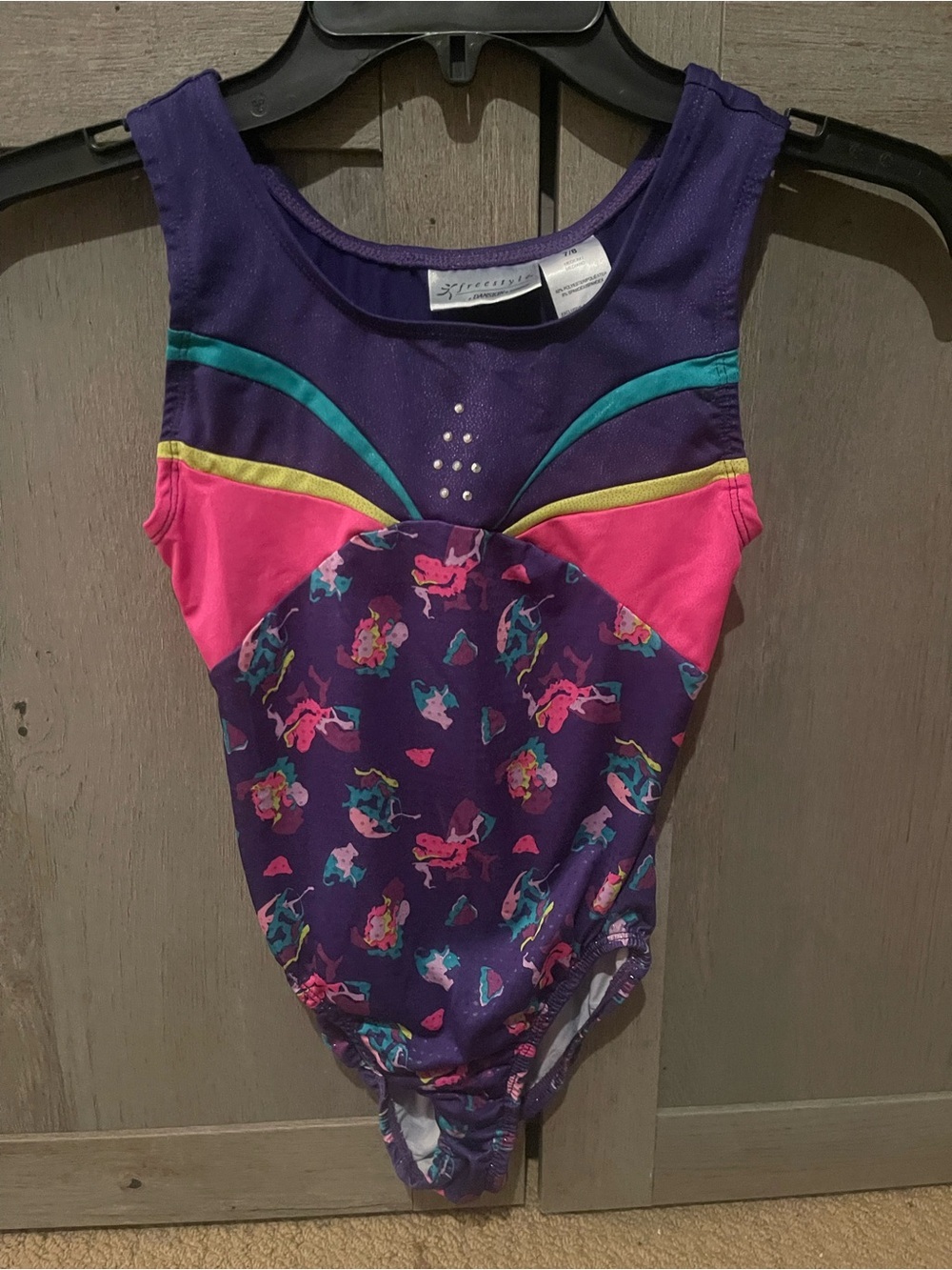 Girls Purple Mermaid Print Gymnastics Leotard with Pink Accents by